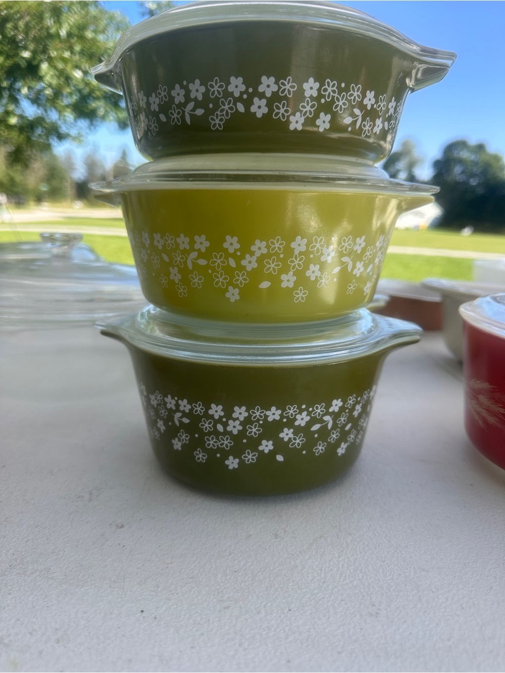 Pyrex Olive Green Floral Nesting Casserole Bowls with White Flowers